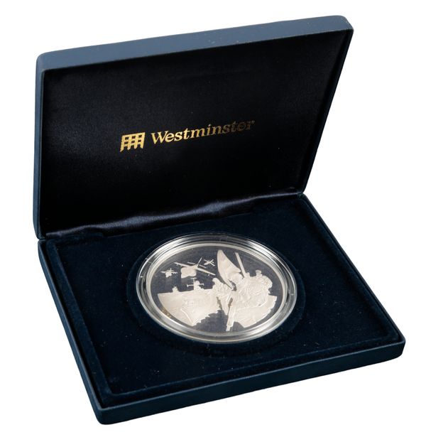 WESTMINTER MINT: '25TH ANNIVERSARY OF THE LIBERATION OF THE FALKLAND ISLANDS' 5OZ SILVER COIN