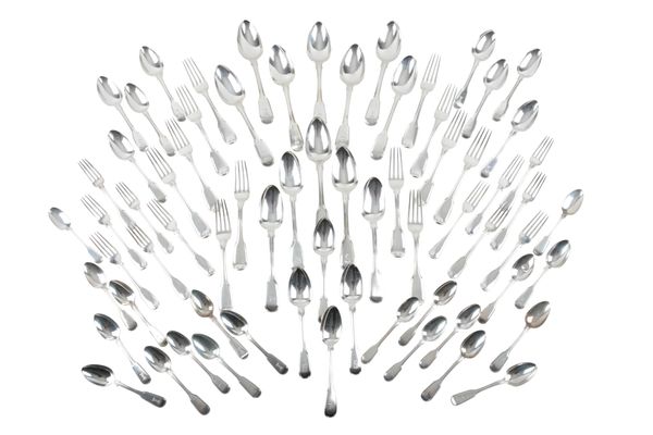 A GEORGE IV AND LATER SILVER HARLEQUIN FIDDLE AND THREAD CUTLERY SERVICE