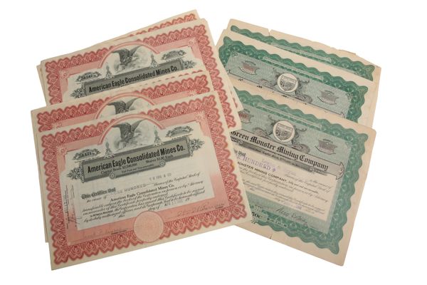 A GROUP OF EIGHT AMERICAN EAGLE CONSOLIDATED MINES CO. SHARE CERTIFICATES