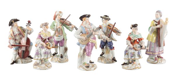 A GROUP OF SEVEN MEISSEN PORCELAIN FIGURES OF MUSICIANS
