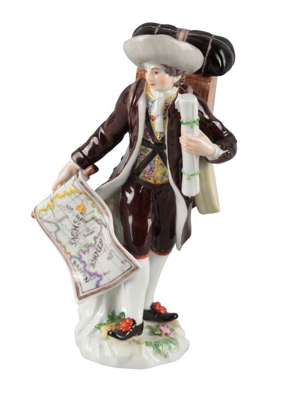 A MEISSEN PORCELAIN FIGURE OF A MAPSELLER