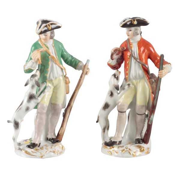 TWO MEISSEN PORCELAIN GROUPS OF THE HUNTER WITH DOG AND RIFLE