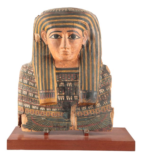 AN EGYPTIAN GILT CARTONNAGE MUMMY MASK