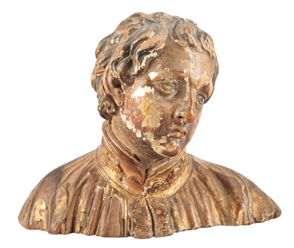 A CONTINENTAL CARVED AND POLYCRHOME-PAINTED WOODEN BUST