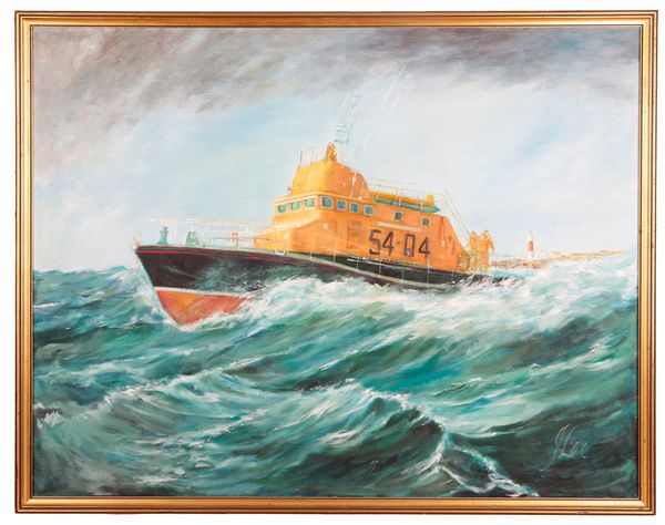 J. LEE (20TH CENTURY) Portrait of a lifeboat ‘54.04’ in stormy seas