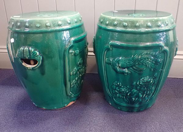 A PAIR OF CHINESE GREEN GLAZED GARDEN SEATS