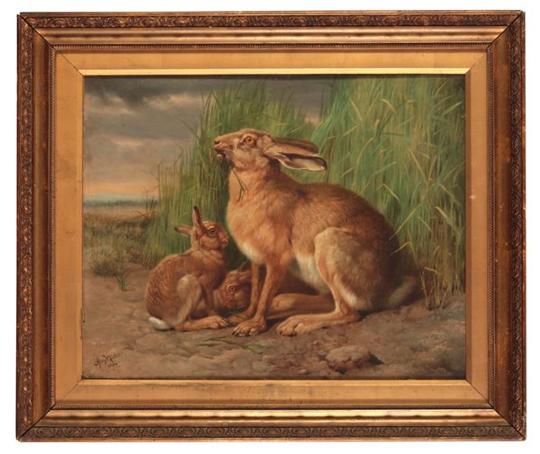 HENRY WILLIAM CARTER (fl. 1867-1904) A hare and leverets amongst long grass