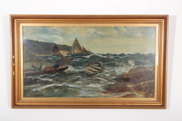 EDWIN JOHN ELLIS (1842-1895) Dinghies and a rowing boat in rough seas