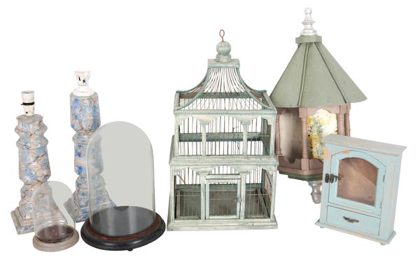 A PALE GREEN-PAINTED WOODEN BIRD CAGE