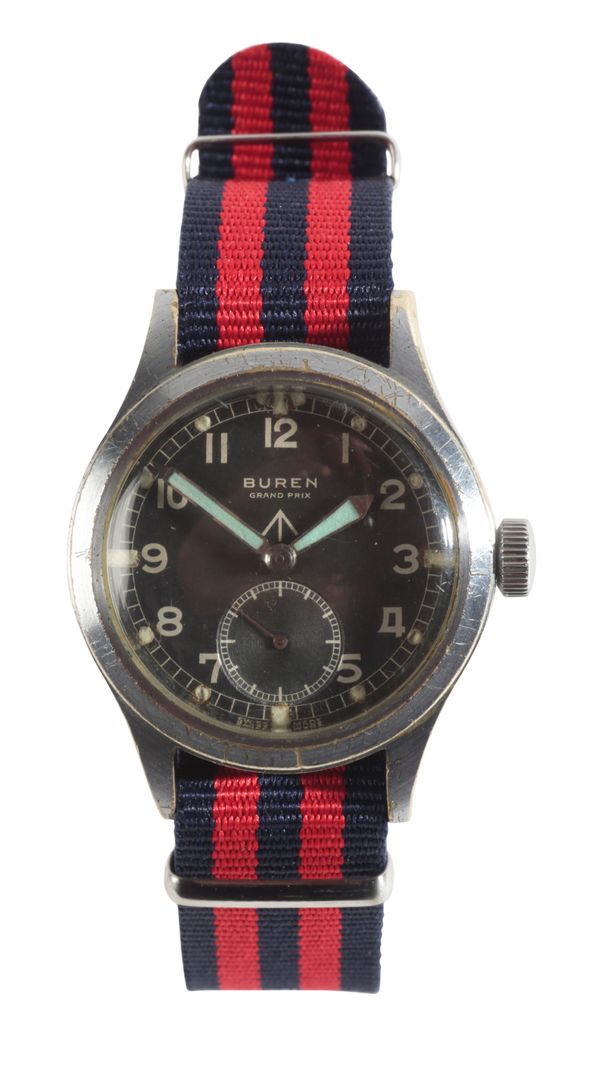BUREN: A NICKLE PLATED MILITARY WRIST WATCH