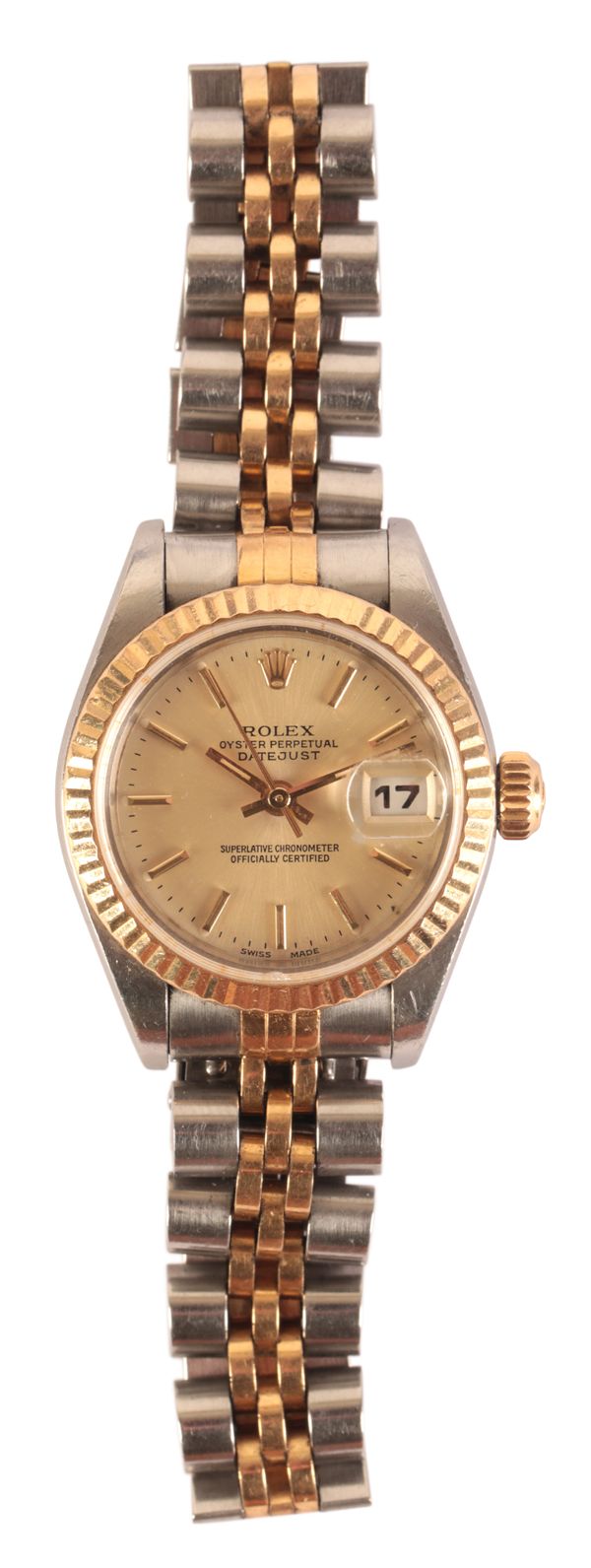 ROLEX OYSTER PERPETUAL DATEJUST: A LADY'S STAINLESS STEEL AND GOLD BRACELET WATCH