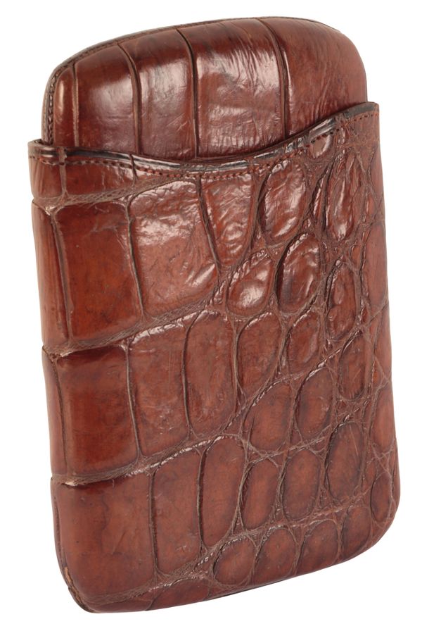 AN EDWARDIAN MID-BROWN CROCODILE SKIN CIGAR CASE