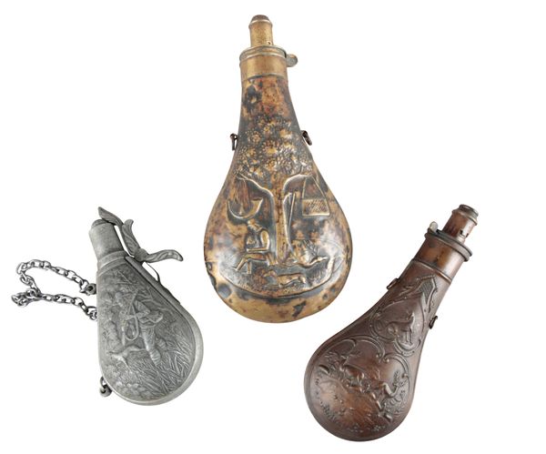 G & W.J. HAWKSLEY OF SHEFFIELD: A BRASS AND COPPER POWDER FLASK