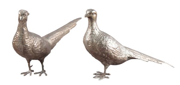 A PAIR OF WHITE METAL COCK AND HEN PHEASANTS