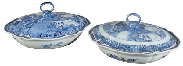 TWO SIMILAR CHINESE EXPORT PORCELAIN BLUE AND WHITE TUREENS