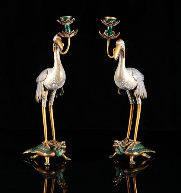 A PAIR OF CHINESE CLOISONNE CANDLESTICKS