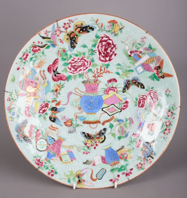 AN ENAMELLED CELADON CHARGER