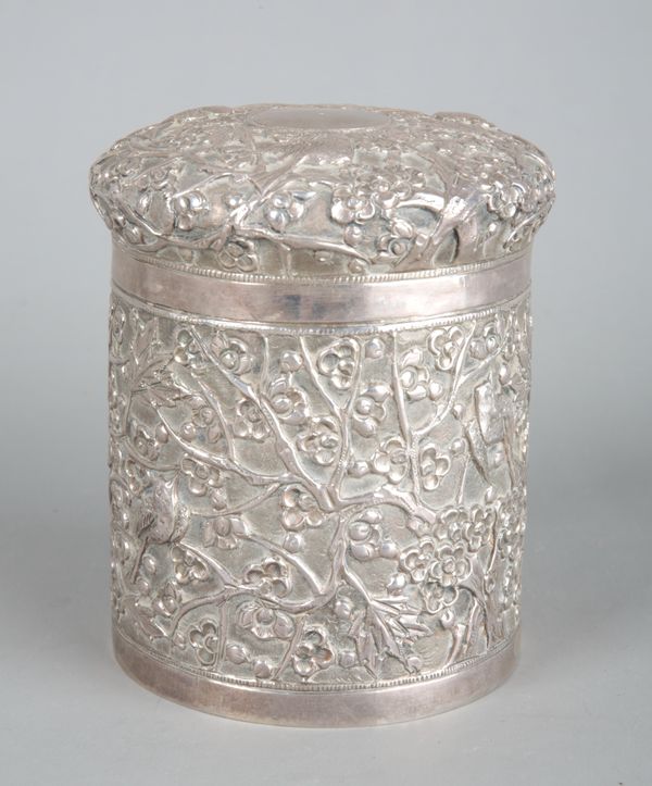 A CHINESE EXPORT WHITE METAL BOX AND COVER