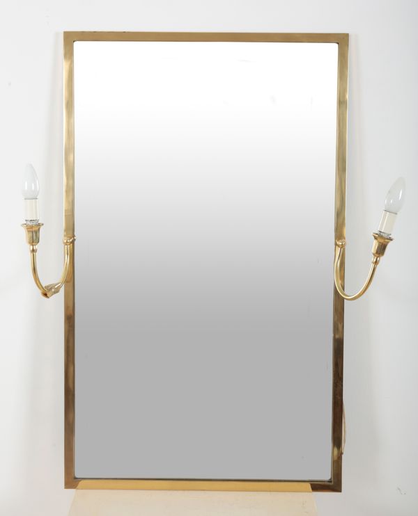 A RECTANGULAR BRASS MIRROR WITH ELECTRIFIED CANDLE SCONCES