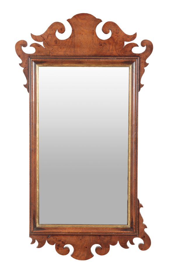 A FIGURED WALNUT RECTANGULAR WALL MIRROR OF GEORGE II DESIGN