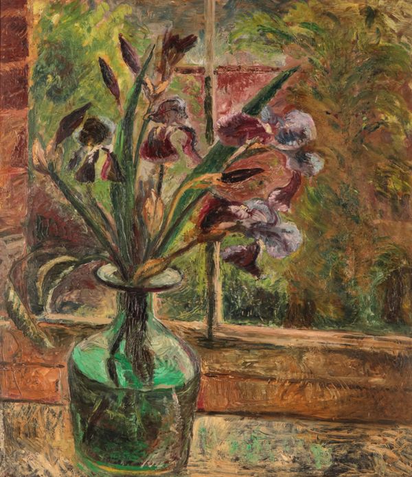 *MAVIS FREER (1927-2016) 'Irises in Green Bottle'