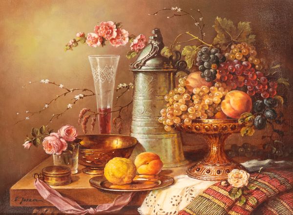 *ELIA JOSZA (B.1932) Still life with fruit and flagon on a stone ledge