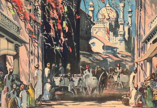 *GIDEON DEVAPRIAM THYAGA RAJ (1930-1981) Indian street scene with a mosque beyond