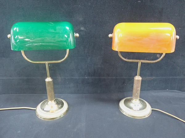 TWO SIMILAR BRASS DESK LAMPS, WITH GLASS SHADES