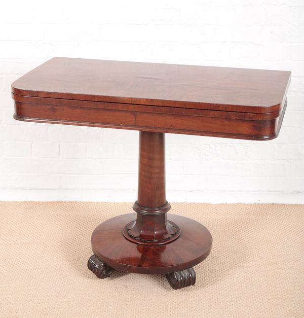 A WILLIAM IV FIGURED MAHOGANY D-SHAPED CARD TABLE