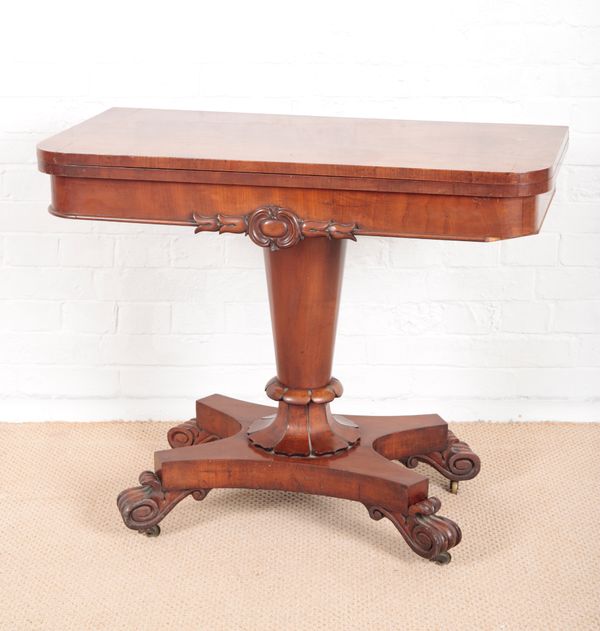 A WILLIAM IV FIGURED MAHOGANY D-SHAPED CARD TABLE