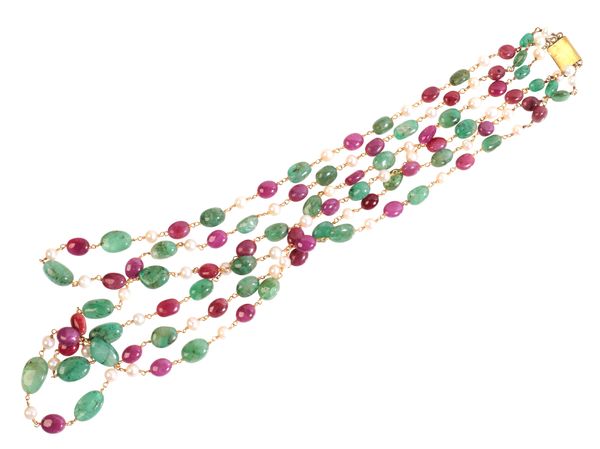 AN EMERALD, PEARL AND RUBY NECKLACE