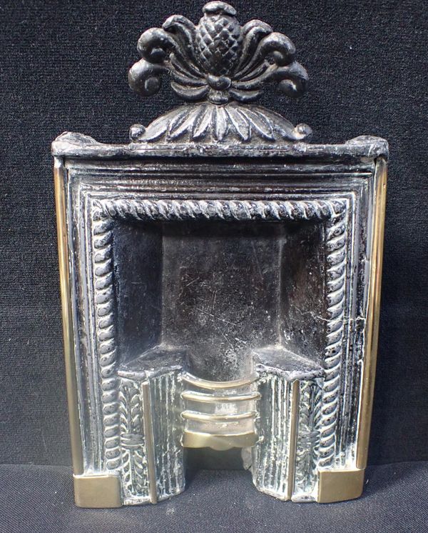 A 19th CENTURY CAST LEAD AND BRASS MINIATURE FIREPLACE