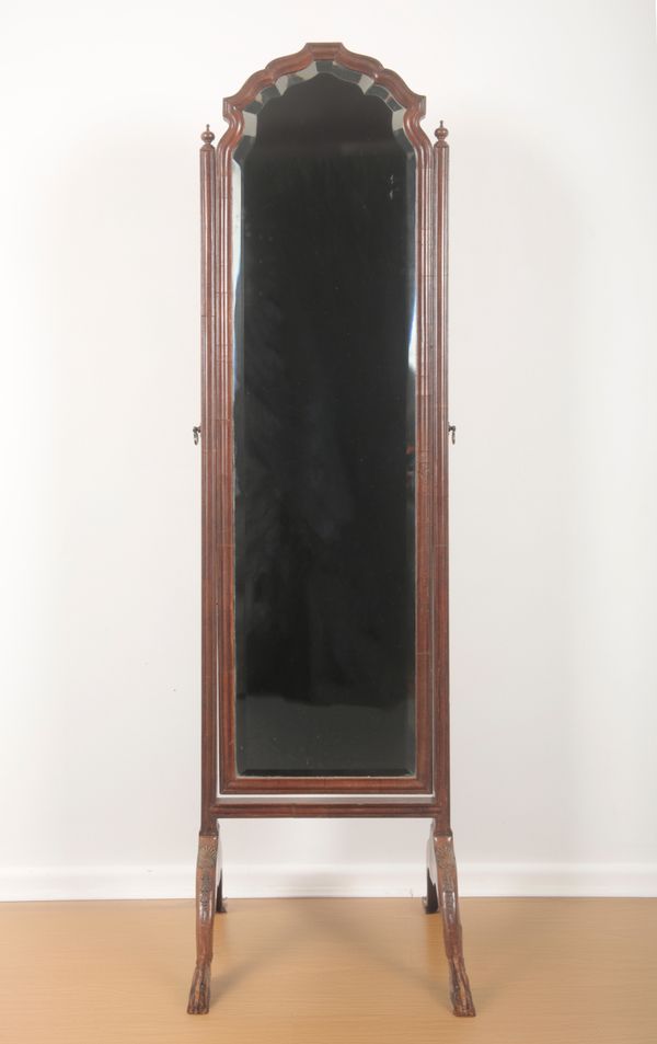 AN EDWARDIAN MAHOGANY CHEVAL MIRROR