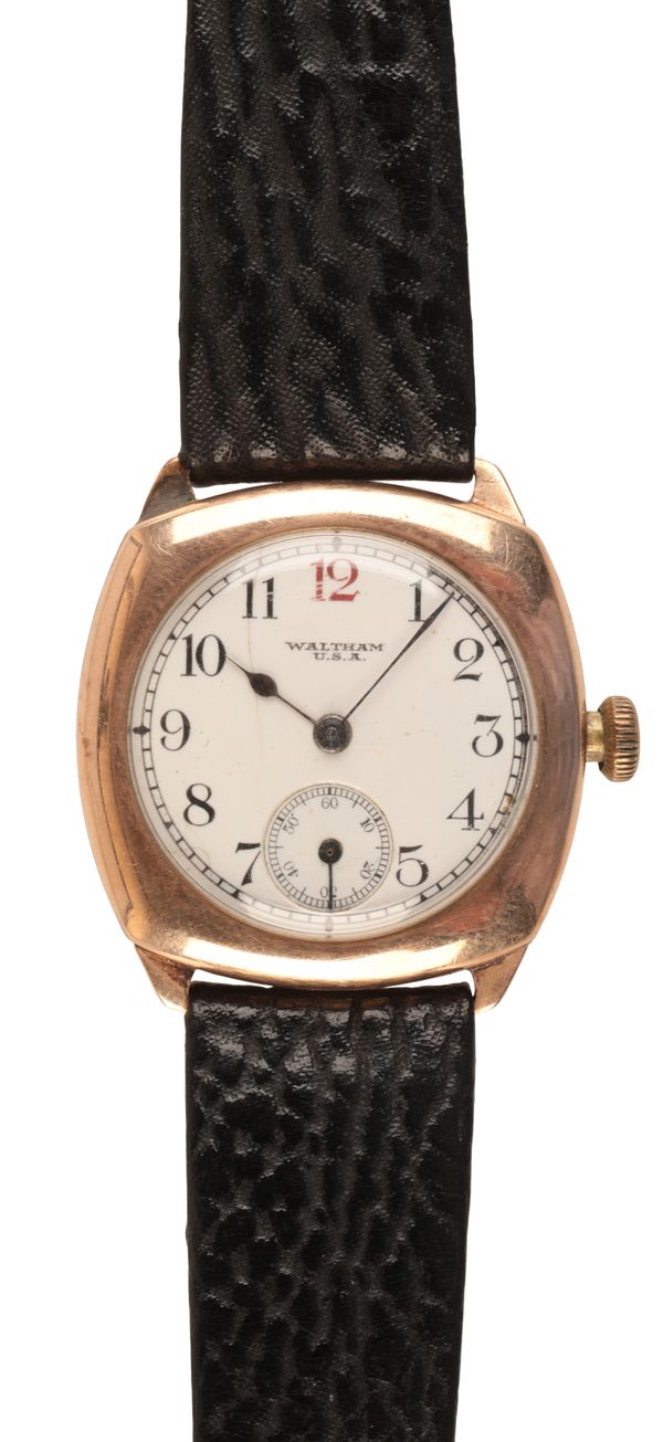 WALTHAM: A 9CT GOLD CUSHION CASED WRISTWATCH