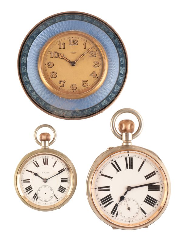 A SILVER PLATED OPEN FACED GOLIATH POCKET WATCH