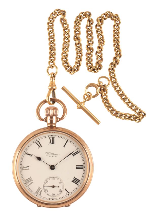 WALTHAM: A 9CT GOLD OPEN FACE POCKET WATCH