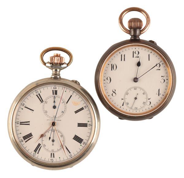 AUG ERICSSON: A NICKEL-PLATED OPEN FACE CHRONOGRAPH POCKET WATCH
