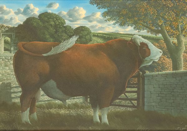 *JAMES LYNCH (B.1956) A bull in a landscape with a ruin beyond