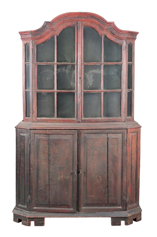A RED LACQUERED LIBRARY BOOKCASE OR DISPLAY CABINET