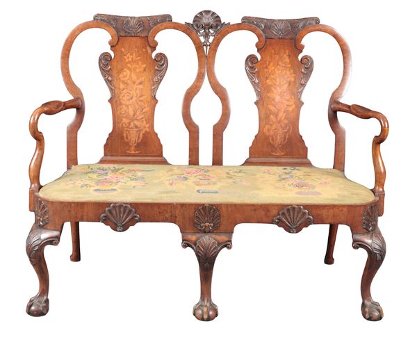 A DUTCH WALNUT AND MARQUETRY CHAIR-BACK SETTEE