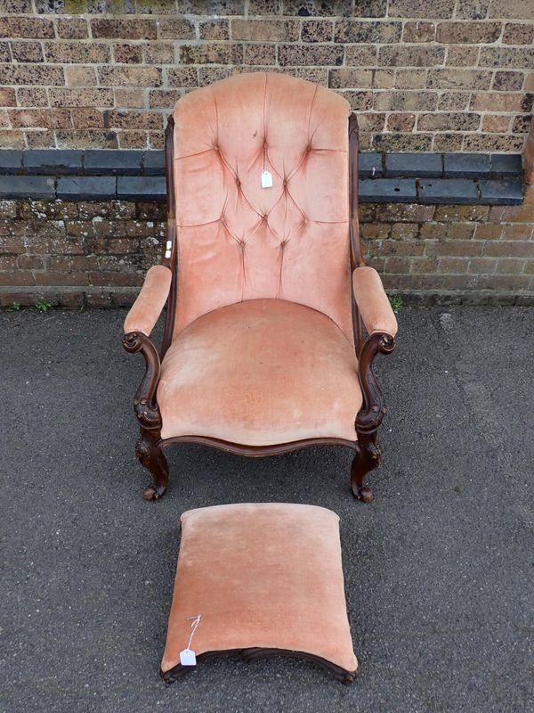 A VICTORIAN WALNUT SLIPPER BACK ARMCHAIR