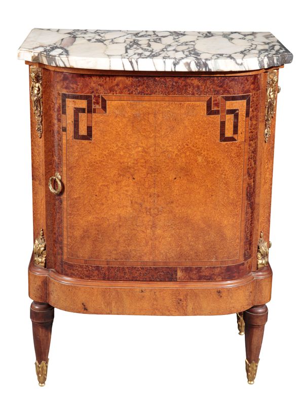 A FRENCH MARBLE TOP BURR WOOD PIER CABINET