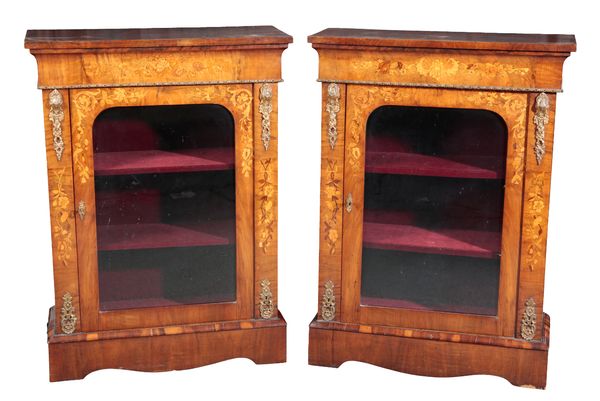 A PAIR OF VICTORIAN WALNUT AND MARQUETRY INLAID PIER CABINETS