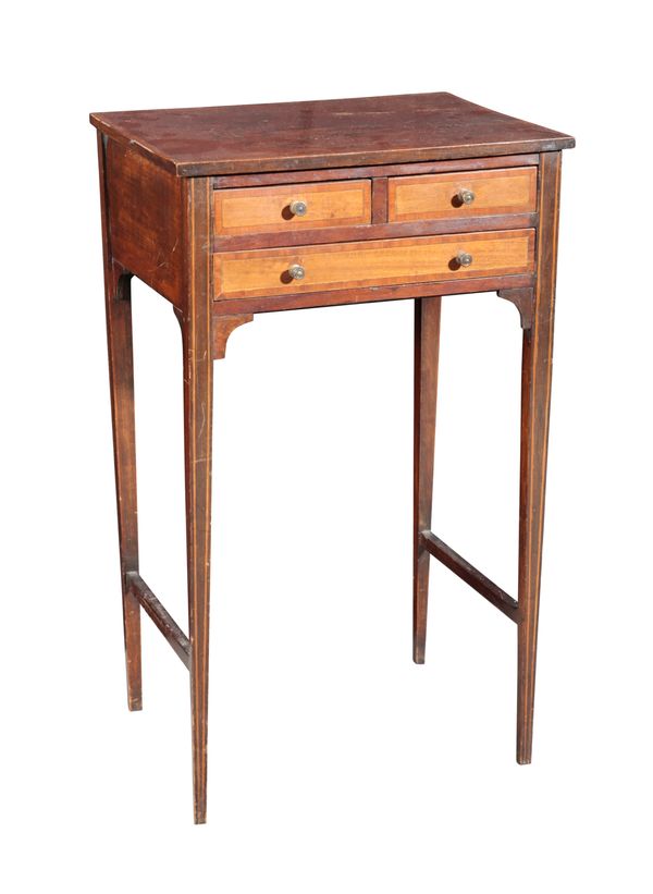 AN EDWARDIAN MAHOGANY AND SATINWOOD STRUNG OCCASIONAL TABLE
