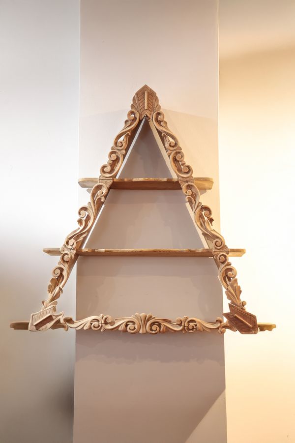 A 19TH CENTURY DANISH AMAGER PINE TRIANGULAR THREE TIER WALL SHELF