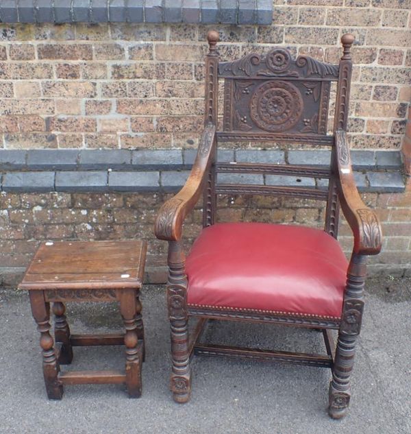 A 19th CENTURY OAK ARMCHAIR, IN THE  JACOBEAN STYLE