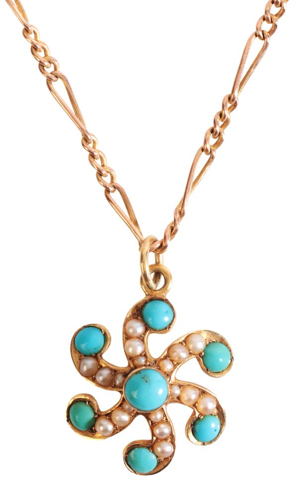 AN ANTIQUE TURQUOISE AND SEED PEARL PENDANT NECKLACE