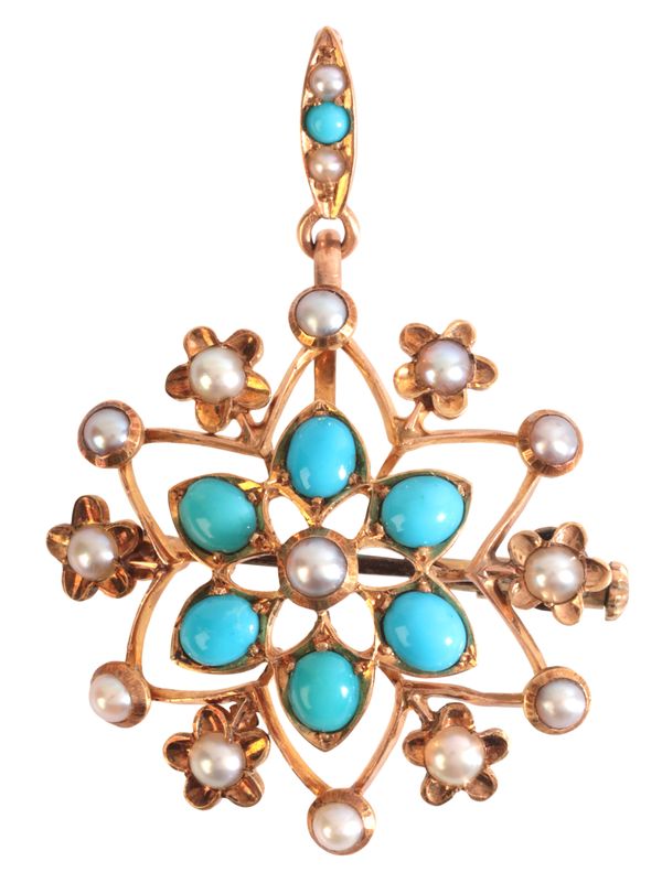 AN ANTIQUE TURQUOISE AND SEED PEARL BROOCH / PENDANT