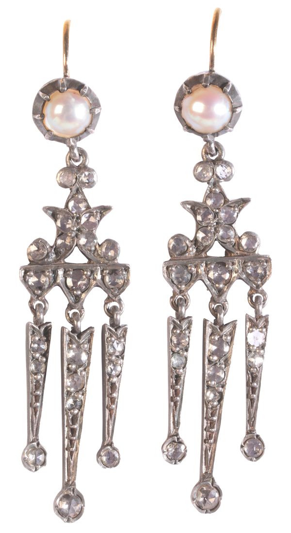 A PAIR OF ANTIQUE GEORGIAN PEARL AND DIAMOND CHANDELIER EARRINGS