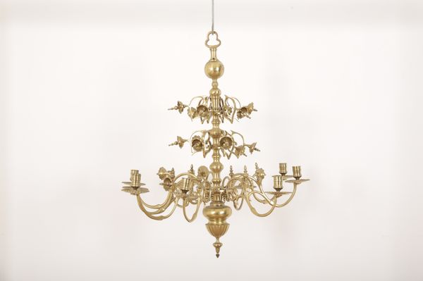 A GOTHIC REVIVAL STYLE BRASS TEN ARM CANDLE CHANDELIER